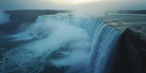 Poster - A stunning view of a waterfall cascading in the middle of the ocean. Perfect for nature enthusiasts and travel destinations