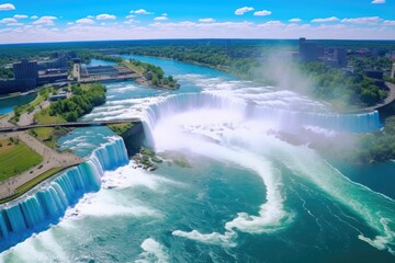 Canvas Print - A breathtaking aerial view of a majestic waterfall with a bridge spanning over it. Perfect for nature enthusiasts and travel websites