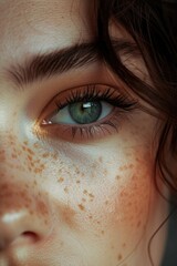 Poster - Close up of a woman's eye with freckles. Perfect for beauty and skincare concepts