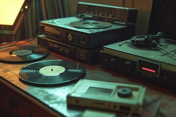 Poster - A table featuring two turntables and a record player. Perfect for music enthusiasts and DJs