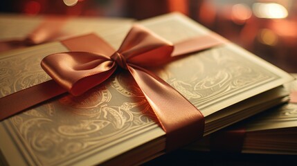 Poster - A close-up view of a book with a decorative bow. Perfect for gift-giving or showcasing a special occasion