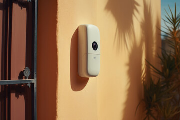 Poster - A camera mounted to the side of a wall. Ideal for surveillance and security purposes