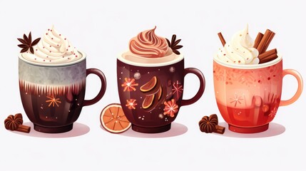 Poster - A picture of three cups of coffee topped with whipped cream, sprinkled with cinnamon, and garnished with orange slices. Perfect for coffee lovers and cozy cafe scenes