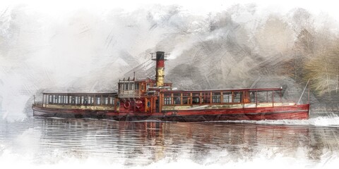 Canvas Print - A painting of a steam boat floating on the water. Can be used for historical or maritime-themed projects