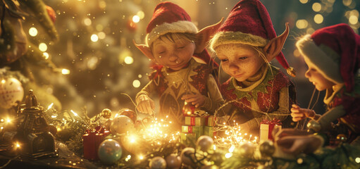 Poster - Group of children gathered around a beautifully decorated Christmas tree. Perfect for holiday-themed designs and festive illustrations