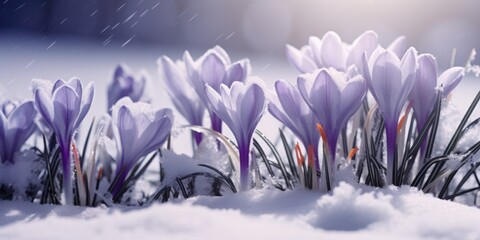 Poster - A beautiful bunch of purple flowers standing out against the snowy backdrop. Perfect for winter-themed projects