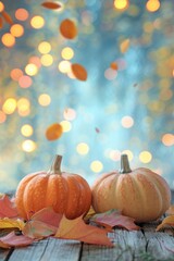 Wall Mural - Two small pumpkins sitting on top of a wooden table. Perfect for autumn and Halloween-themed projects