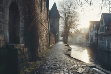 Poster - A picturesque cobblestone street with a charming bench on the side. Perfect for adding a touch of nostalgia and tranquility to any project