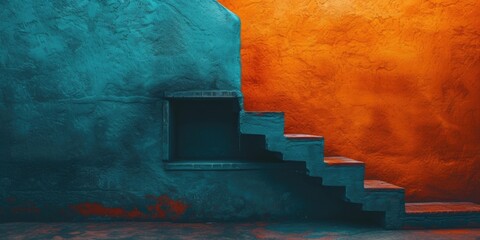 Poster - A vibrant orange and blue wall with a set of stairs. Suitable for architectural designs or urban-themed projects
