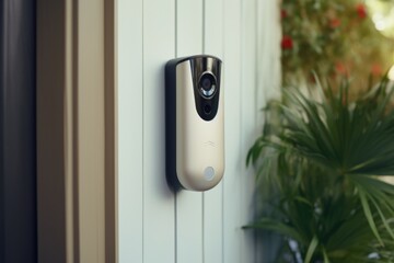 Poster - A camera mounted on the side of a door. Can be used for surveillance or security purposes