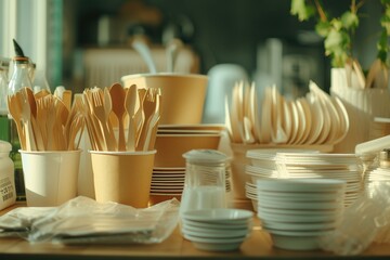 Aufkleber - A table filled with various plates, cups, and utensils. Can be used for dining, catering, or kitchen-related themes