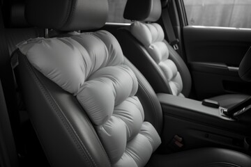 Poster - A black and white photo of a car seat. Can be used for automotive or transportation-related designs