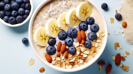 Wall Mural - A bowl of oatmeal topped with fresh bananas and blueberries. Perfect for a healthy breakfast option