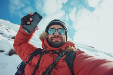 Poster - A man using his cell phone to take a selfie. Perfect for social media posts and capturing memories