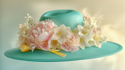 Wall Mural - Pale turquoise hat decorated with pale pink peonies and white jasmine. Four seasons concept. Summer.