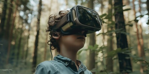 Poster - A boy is pictured wearing a virtual reality headset in the woods. This image can be used to illustrate the concept of virtual reality or technology in nature