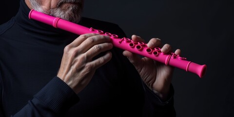 Poster - A man in a black shirt holding a pink flute. Suitable for music-related designs and concepts