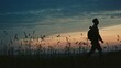 Soldier in uniform silhouetted against the sunset walking towards the camera across open countryside