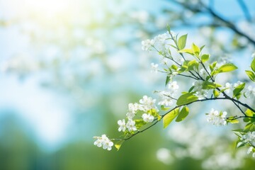 Poster - A tree branch with white flowers against a clear blue sky. Ideal for nature, spring, or outdoor-themed designs