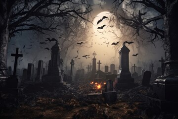 Aufkleber - A cemetery filled with tombstones and bats. Perfect for Halloween or horror-themed projects