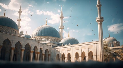 Aufkleber - A large white building with many blue domes. Suitable for architectural, travel, and cultural themes
