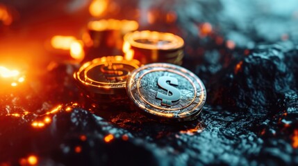 Aufkleber - A bitcoin sits on top of a pile of rocks. Ideal for illustrating cryptocurrency concepts and investment in blockchain technology