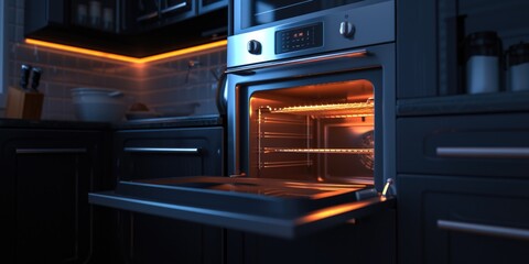 Aufkleber - A brightly lit oven in a dark room. This image can be used to depict cooking, baking, or home appliances