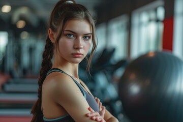 Poster - A woman standing in a gym with her arms crossed. Suitable for fitness and exercise-related content