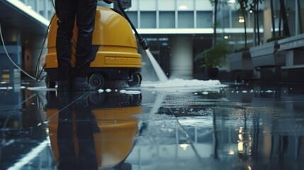 Poster - A person using a pressure tool on a wet floor. Suitable for illustrating cleaning, maintenance, and safety precautions
