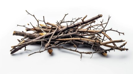 Poster - A pile of twigs arranged on a white surface. Suitable for nature-themed designs and projects