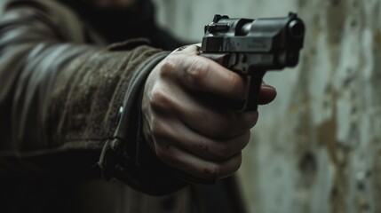 Poster - A man holding a gun in his hand. Suitable for crime, security, or law enforcement related projects