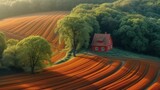 Fototapeta Do pokoju - Widok z lotu ptaka na czerwony mały dom otoczony drzewami i zadbanym pomarańczowym polem