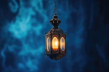 Aufkleber - A lantern hanging from a chain in front of a blue background. Versatile image suitable for various design projects