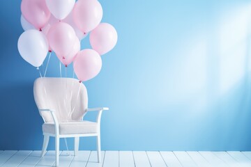 Aufkleber - A chair with a bunch of balloons attached to it. Perfect for celebrations and party decorations