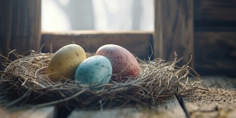 Poster - Three eggs are placed in a nest on a wooden table. This image can be used to depict concepts related to nature, spring, new beginnings, and Easter decorations