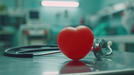 Poster - A red heart sitting on top of a table next to a stethoscope. Perfect for medical or healthcare concepts