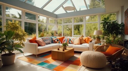 Poster - A bright and airy living room with a variety of stylish furniture pieces and an abundance of natural light. Perfect for showcasing a modern and inviting space.