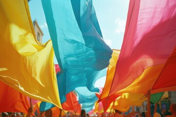 Sticker - A vibrant image of a large group of people holding colorful flags. Perfect for celebrations, parades, or any festive occasion.