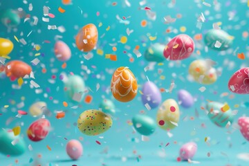 Poster - Colorful balloons and confetti scattered on a vibrant blue background. Perfect for festive occasions and celebrations