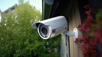 Poster - A security camera mounted on the side of a house. Can be used for surveillance and monitoring purposes