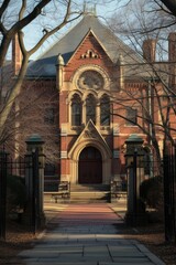 Poster - A large brick building with a clock on top. Perfect for illustrating architectural landmarks and historical sites