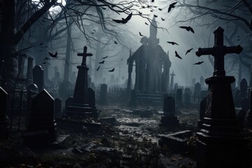 Poster - A spooky cemetery with bats flying around. Perfect for Halloween-themed designs and dark, mysterious projects