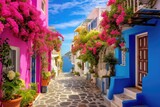 Fototapeta  - Colorful european cozy old street with colorful buildings and flowers