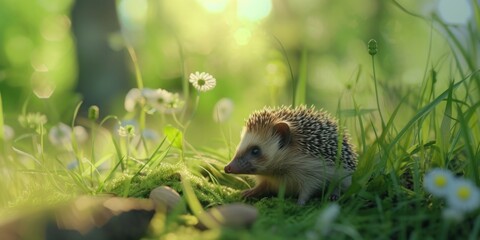 Aufkleber - A hedge sitting in the grass with daisies in the background. Perfect for nature and garden themes