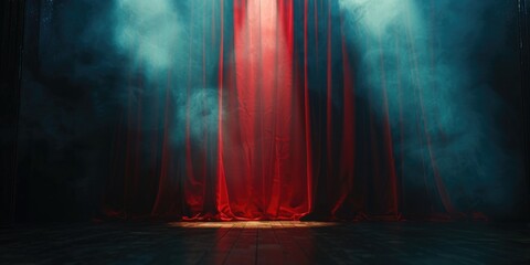 Poster - A stage with a red curtain and smoke coming out of it. Perfect for theater and performance concepts