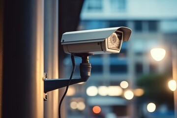 Poster - A security camera mounted on the side of a building. This image can be used to depict surveillance, safety, or monitoring