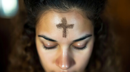 Wall Mural - Humble woman with an ashen cross on her forehead in temple. Ash wednesday