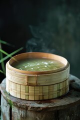 Aufkleber - A bowl of soup is placed on top of a wooden table. This image can be used to depict comfort food, home-cooked meals, or restaurant menus