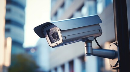Poster - A security camera mounted on the side of a building. Suitable for surveillance and security concepts