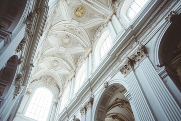 Poster - A view of the ceiling inside a church with a prominent clock. Suitable for religious themes and time-related concepts